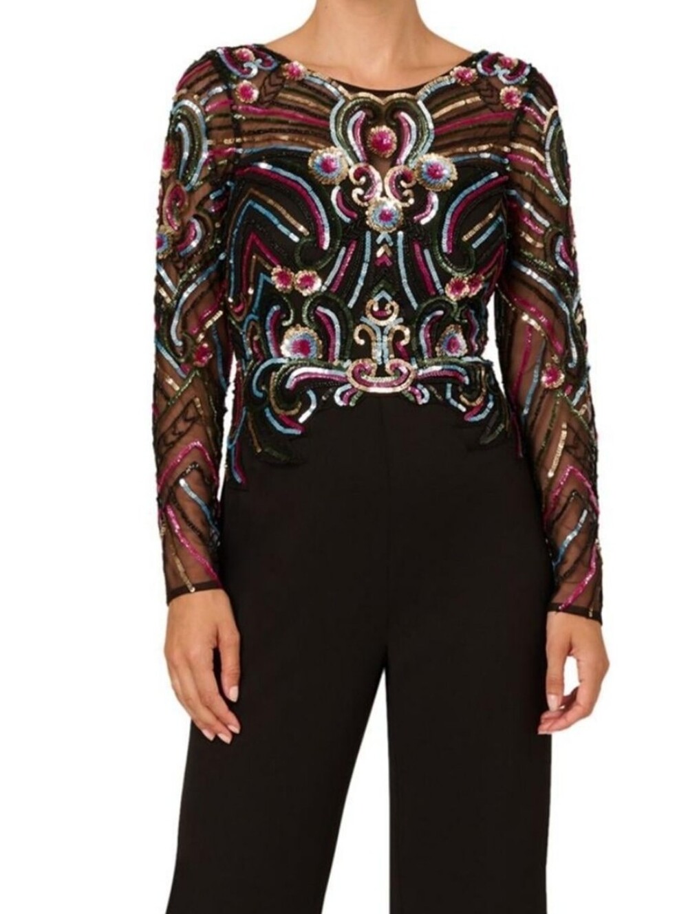 Adrianna Papell Black Jumpsuit with Multicolor Sequin Bodice